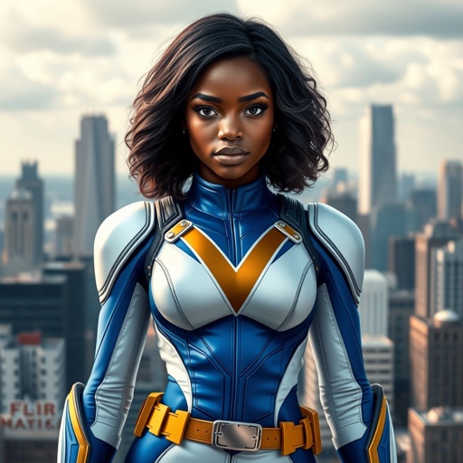 A teenage African American female superhero with slightly curly hair in a shoulder length side part style wearing a polyester armored white and blue suit with a stylized V as her chest emblem a utility belt and gold boots standing in Philadelphia