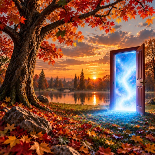 an open door in the middle of a field of leaves