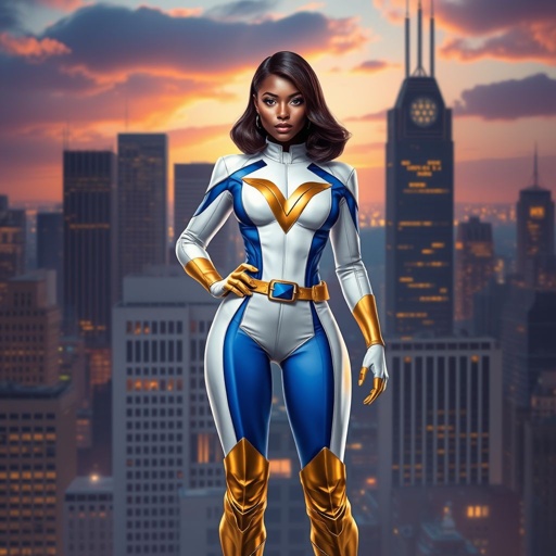 African American female superhero with hair  in a shoulder length side part hairstyle with pure Gold Glowing eyes wearing a white suit with gold and royal blue  with white pants and gold knee length boots with a utility belt with a gold V  as her chest emblem in Philadelphia 