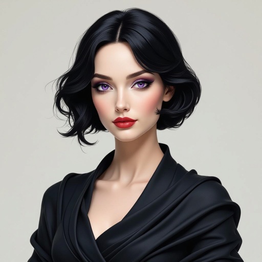 Create A lithe, mysterious woman draped in layered black silks that move like smoke around her. Her jet-black hair is cut sharp to her jawline, and her violet eyes seem to pierce through darkness.