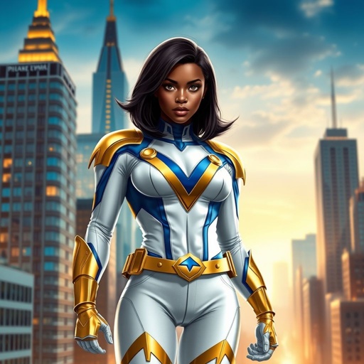 African American female superhero with hair in a shoulder length side part hairstyle with pure Gold Glowing eyes wearing slightly armored white royal blue and gold accented suit with white pants and gold knee length boots with a utility belt with a gold V as her chest emblem in Philadelphia