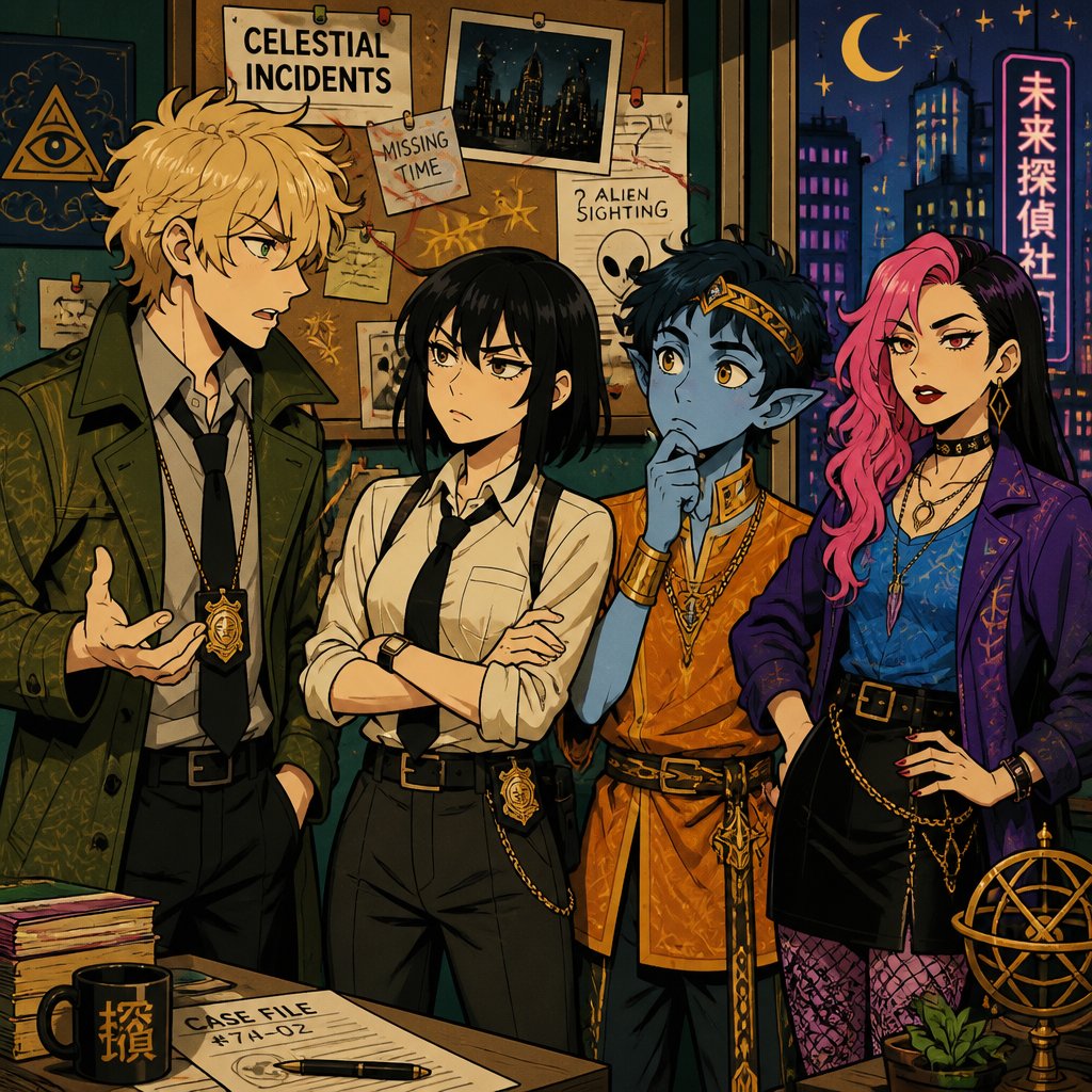 Anime Male great detective takes his job real seriously and is really good at it in his mid 20s with medium really crazy messy light blonde hair, tall thin, tied,loves coffee bad habit of smoking strange green eyes wearing a baggy loose mossy green jacket tired face thinking hard about crime scene and talking to his partner about it, partner looking annoyed at him but also concerned about him, Anime Alien teenage prince with light blue skin and a slightly darker blue stripes, slim body brown eyes really dark blue hair messy and in a braid two antennae and sharp teeth small golden band around head with a green stone in the middle wearing an orange shirt, currently in a secret facility he is curious and confused, anime Female medium hair in the back but long cut in the front, has black hair and dies half pink brown eyes, has eye shadow and wears red lipstick, sassy and judgmental, wears collar necklaces, blue shirt with a light blue see through shirt on top black skirt and a purple dancer jacket Group all together interacting