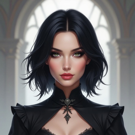 Show character head to toe. Create a mid age fantasy woman jet-black hair is cut sharpand her eyes seem to pierce through darkness. A shadowy aura clings to her form,