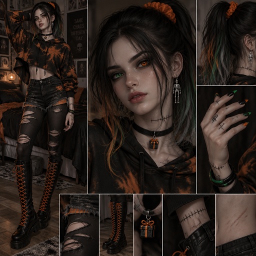 Female, 16, 5’7 feet tall, black hair with orange poison green and medium gray tips, two hair side sections framing her face, a really high pony tail that ends at her shoulder blades, an orange scrunchie holding her hair up, deathly pale skin, one emerald green eye one bright orange eye, charcoal eye shadow, drop down skeleton earrings, a black choker with a black present wrapped in orange ribbon charm, an oversized black and orange marbled cropped hoodie long sleeves, ripped black leggings underneath ripped jean shorts that have orange accents, black lace up boots that go a bit below the knees, orange shoe laces, a poison green and black bangle on one arm, medium almond black nails with poison green french tips on every other nail (orange on the others), and tattoos that look like stitches on her wrists neck ankles and fingers, and a few scars litter her body
