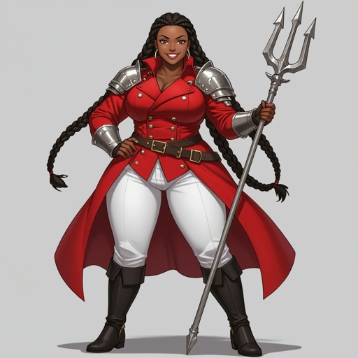 female, human, knight, African American, red double-breasted great coat, braids, thick, chunky, trident, smile, white pants, black boots, belts, adult, mature, chunkier, fat