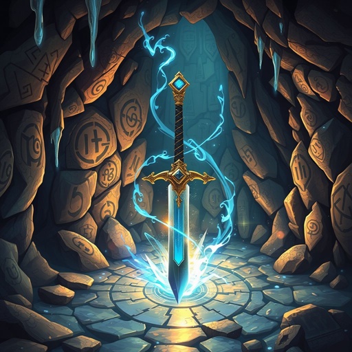 Most powerful ancient magical sword in existence stuck point down in a cave floor. No one is in the cave