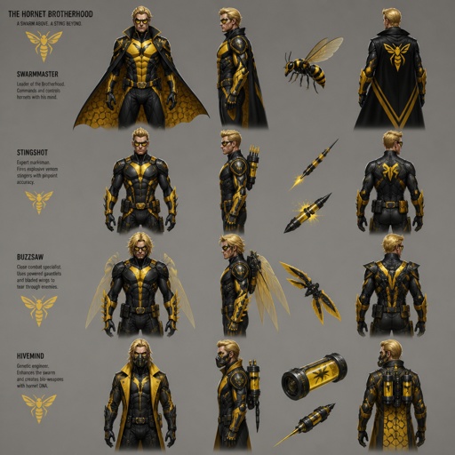 Male super Villian with a suit that has hornet abilities ,blonde, multiple of the same character 