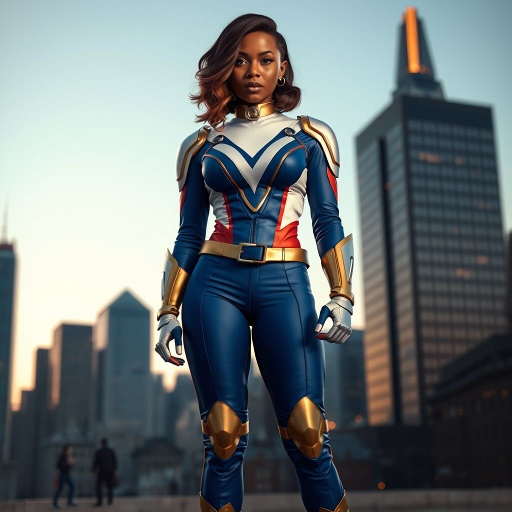 African American female superhero with shoulder length hair in a side part style and  wearing a slightly armored homemade  white blue and gold suit with blue pants with a stylized V as her chest emblem wearing gold flat boots made of gold standing in Philadelphia at dusk
