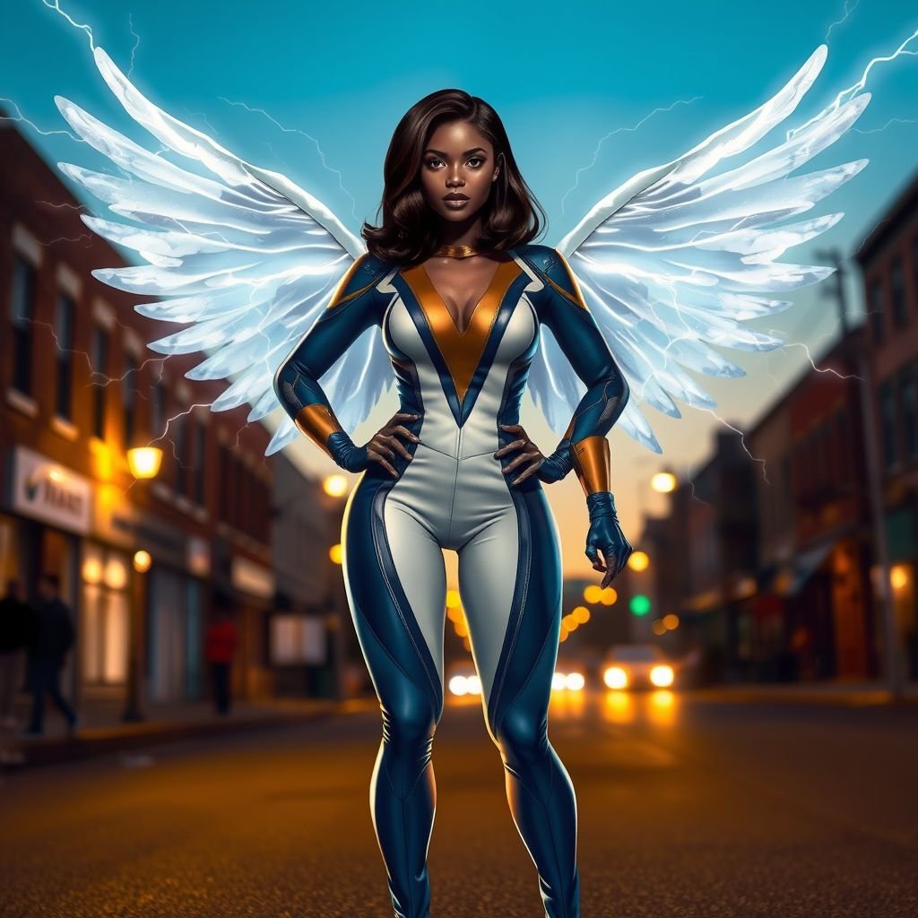 African American female superhero with shoulder length hair in a side part style and wings made of white lightning wearing a slightly homemade  white blue and black suit with black pants with a stylized V as her chest emblem wearing blue flat boots made of gold standing in Philadelphia at dusk