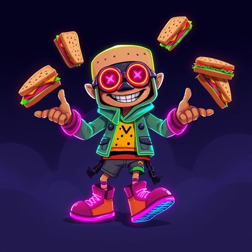 Create a funny looking clumsy sandwhich thief with funny shoes on. Make him have on the bandit black thing around his eyes 