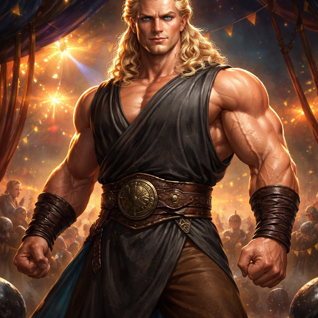A tall well~proportioned male, so handsome he looks like a Greek god with muscles. With deep-set blue eyes and strong brows, hinting at inner depth“. His hairstyle is a blonde mullet. He works at freak show as a strong man. His outfit consistsed of a Charcoal-toned sleeveless Greek tunic, thick leather belt, leather wristbands/cuffs, brown pants.