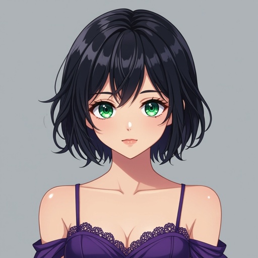 Short black hair. Jade green eyes. A purple fancy dress. 13 years old. Tomboyish