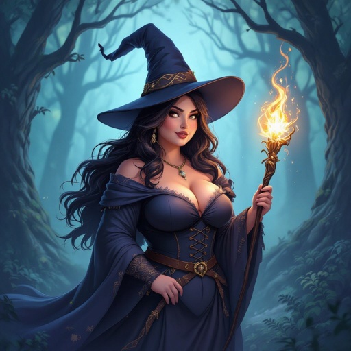 A curvey plus size witch with long hair and a witch hat