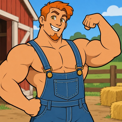 Male, orange short hair, chin goatee, yellow eyes, jean suspenders, happy, strong 