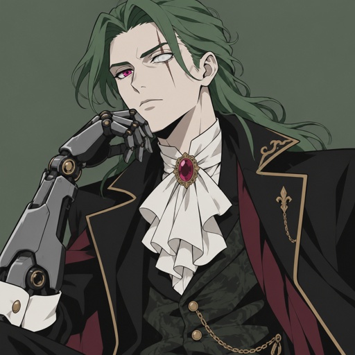 Male,green long brushed back hair,one bright pink eye the other eye is blind and you can see it ,pale skin,fancy, robotic arm