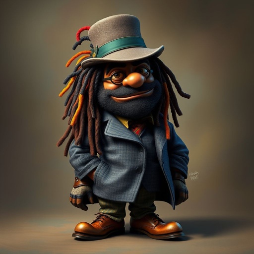 Create a funny fat character similar to Sherlock Holmes, but make him of black decent and with dread locks. Show his whole outfit including his shoes.
