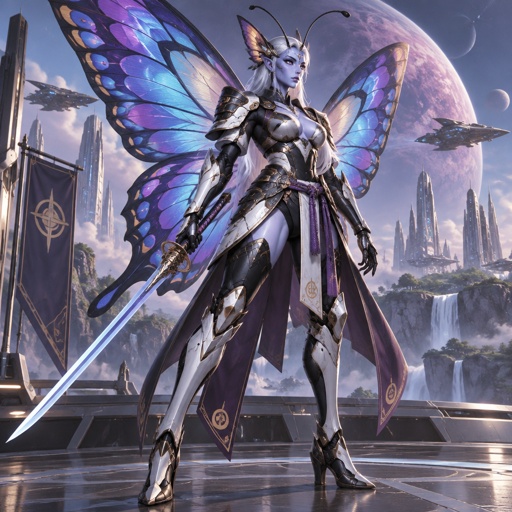 A gorgeous alien butterfly woman in a futuristic space samurai armor. Show whole body. 