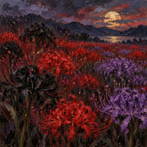 A field of Black, red and purple spider lillies 