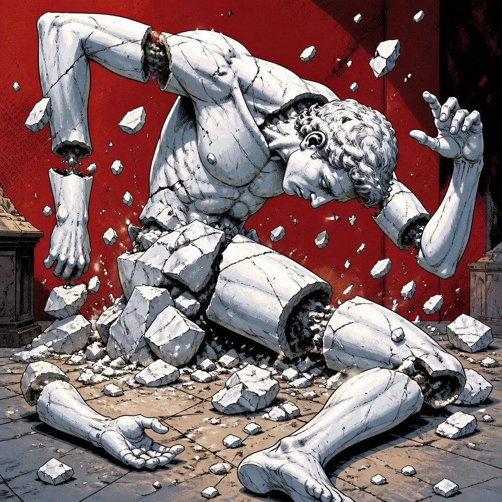 Highly realistic, no print dots vivid colours i’m broken white statue of a bent over man long long limbs in pieces white marble scattered all over