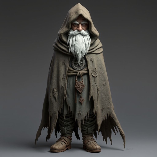 Create old aged character: The Silver-Eyed Wanderer – A tall, long beard hooded androgynous figure with hair that white. piercing silver eyes seem to see both past and present at once. a long, tattered cloak covered in stitched symbols from lands unknown. Show her whole body head to toe including her shoes.