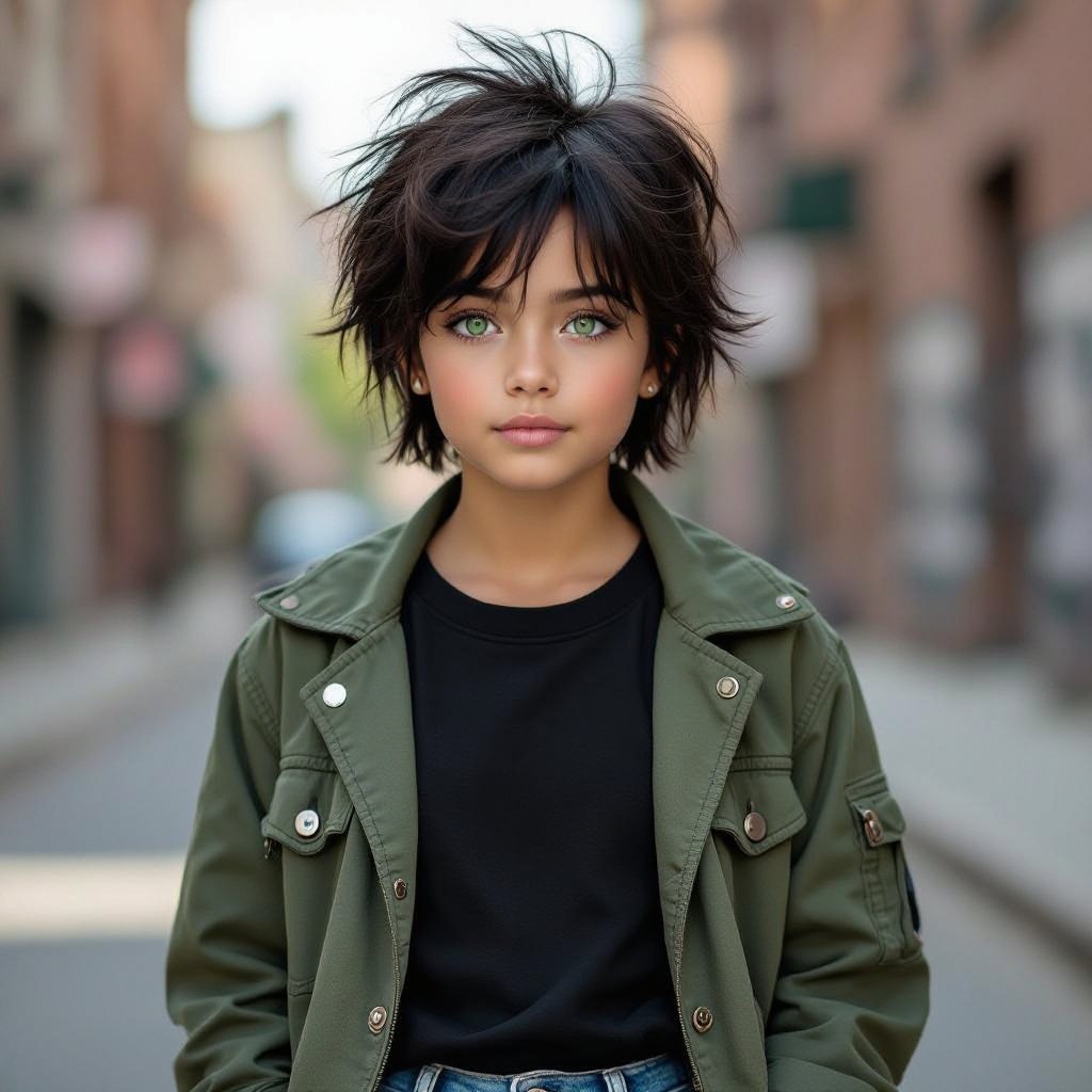 Short black hair. Jade green eyes. Black t-shirt. Green jacket. Torn jeans. Sport shoes. 13 years old girl.