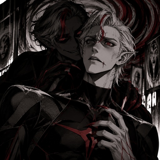 Male, blonde greased brushed back hair, neck length hair, curl on forehead, red streak in hair, slim, scar on lip, red and black spiral eyes no whites, superhero with chaos powers, cool outfit red no cape, pointy ears, pointy fingers with red tips, red veins, nervous, sweating, another version of him that’s completely black except the eyes and mouth smiling trying to manipulate him, spiral background