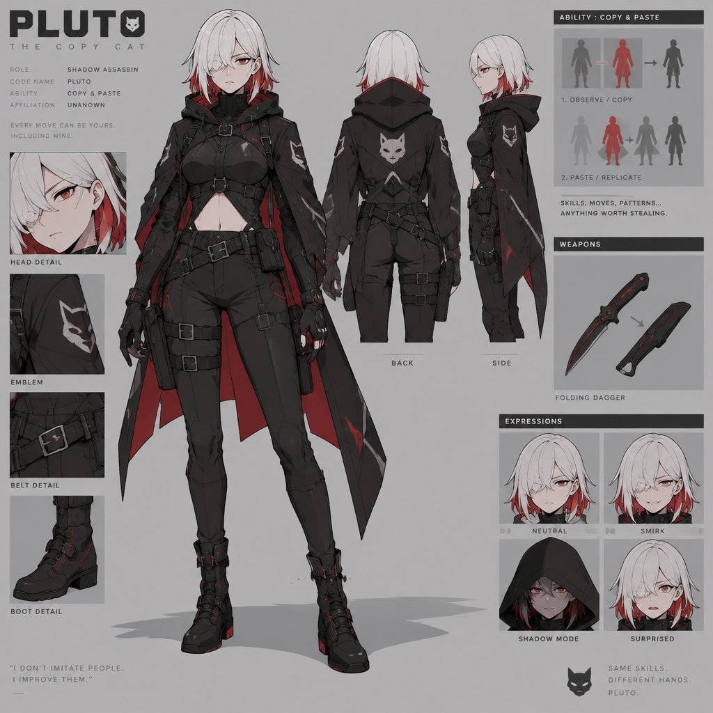 shadow assassin name code pluto the copy cat, copy and paste ability, white hair red on the inside