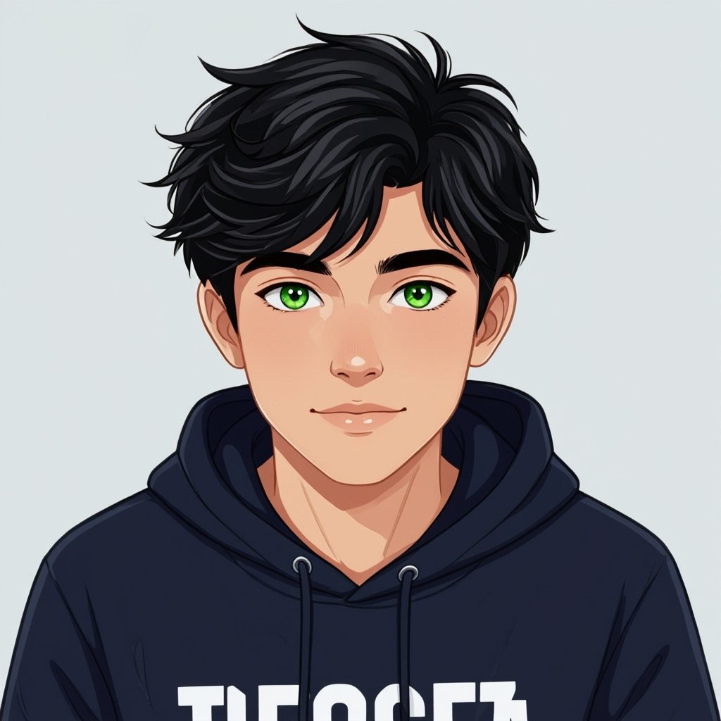 Male. 15 years old. Black hair. Green eyes.