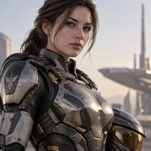 A beautiful woman in a futuristic battle armor