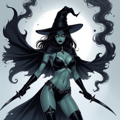 sexy shadow demon witch gypsy slate grey skin large black billowing cloak that emits darkness and shadow smoke. Two piece. Witches Hat.  Wields Black Evil Shadow Smoke Daggers