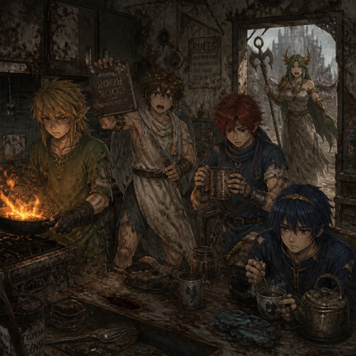 Super smash brothers link from legend of Zelda, pit from kid Icarus, Marth from fire emblem,Roy from fire emblem, there trying to make breakfast Roy looking at the measuring cups saying "which one do I use?" link holding pan that's on fire, pit trying to read the cookbook but it's upside down and holding a knife near a cutting board,Marth making himself some tea with a tired face expression think “why did I get up”, Palutena comes into the kitchen and yells "what are you guys doing!" All in casual clothes