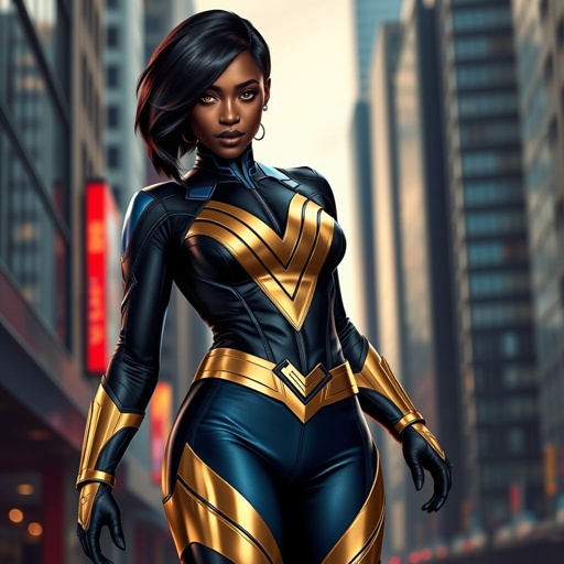 African American female superhero with hair  in a shoulder length side part hairstyle with pure Gold Glowing eyes wearing  a black blue and gold accented suit with  blue pants and gold knee length boots with a V with the top half gold and the bottom half black as her chest emblem in Philadelphia 