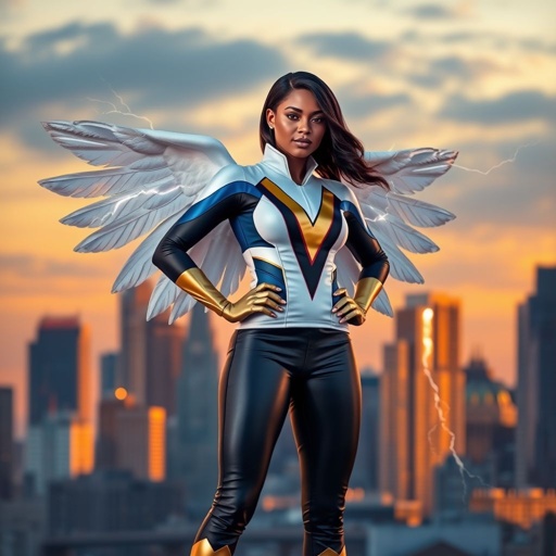 African American female superhero with shoulder length hair in a side part style and wings made of white lightning wearing a slightly homemade  white blue and black suit with black pants with a stylized V as her chest emblem wearing blue flat boots made of gold standing in Philadelphia at dusk