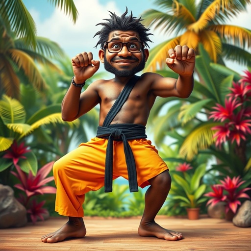 Create a character who looks like a funny African karate guy who doesn’t have a clue what he is doing. Make him have weird toes, only speedos on and a black karate belt.