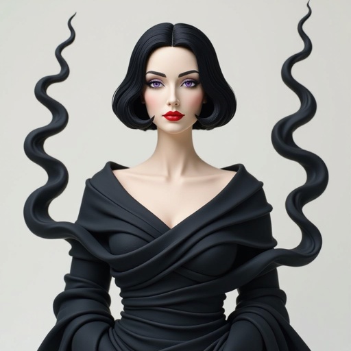 Create A lithe, mysterious woman draped in layered black silks that move like smoke around her. Her jet-black hair is cut sharp to her jawline, and her violet eyes seem to pierce through darkness.