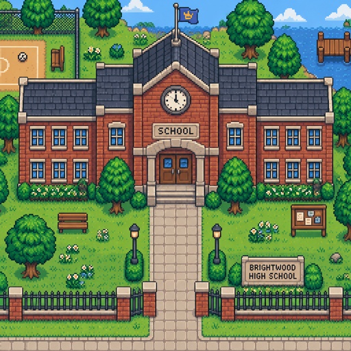 cozy school, for a game, exterior, top down style