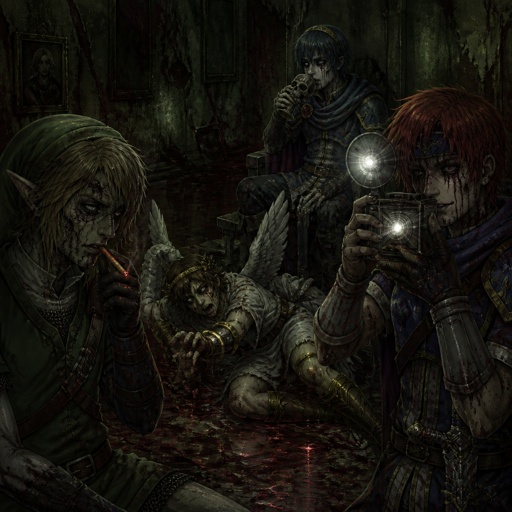 Super smash brothers link from legend of Zelda, pit from kid Icarus, Marth from fire emblem, Roy from fire emblem, link smoking, pit slipping and falling marth sipping wine and Roy taking a picture