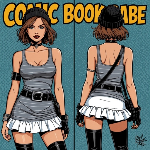 Light Brown Short Hair Babe Striped gray tank dress with white ruffled mini-skirt, thigh-high socks, chunky black buckle boots, black beanie, and cross-body bag — casual goth-punk streetwear.