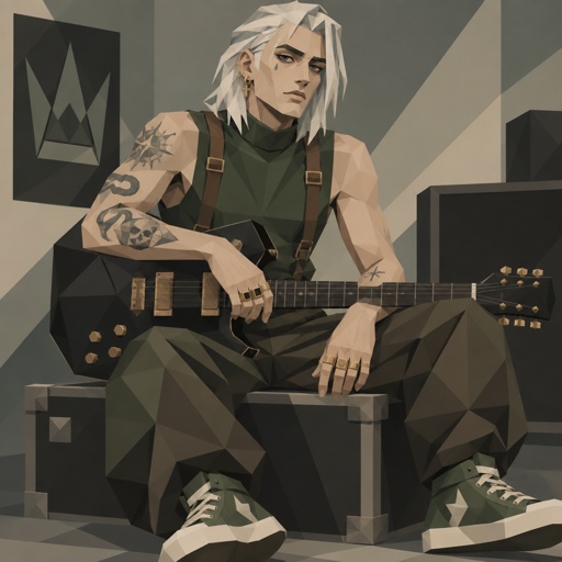 Male, shoulder length straight white hair, grey horizontal lines in hair, under eye mascara, multiple gold ear piercings, tear tattoo under eye, arm tattoos, multiple rings, sleeveless green turtle neck, brown suspenders, green tennis shoes, guitar