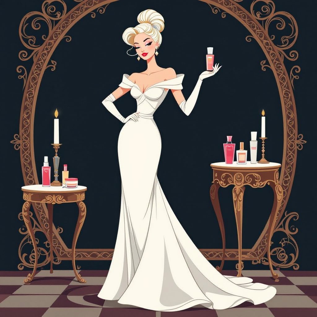 Create a character showing there whole body head to toe, a lady who loves beauty products