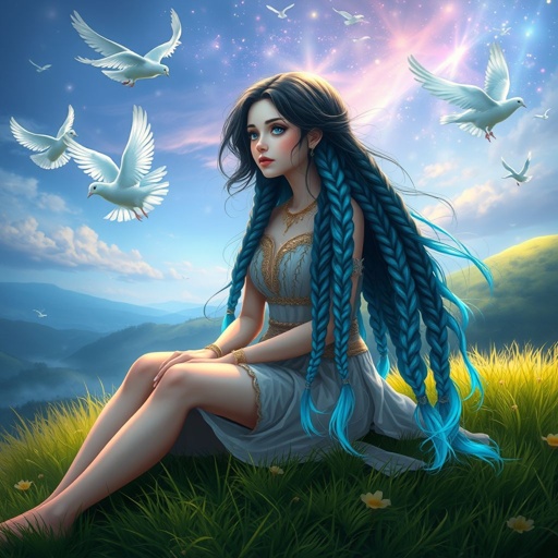 A young female with fair skin and vibrant teal eyes. Black hair with cyan tips in the form of two short braids. Wearing a goddess two-piece outfit (top and trousers) sitting on a hill watching pigeons fly from a very far distance