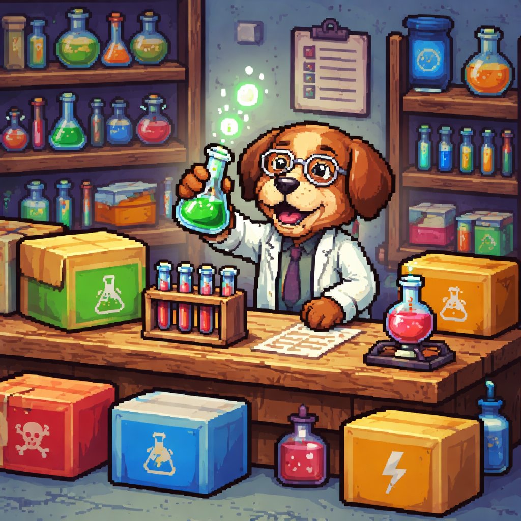 A dog that is a scientist with lots of chemicals all over his work shop