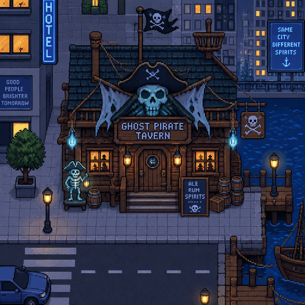 Ghost pirate tavern for a fantasy game set in modern times, exterior, top-down style,