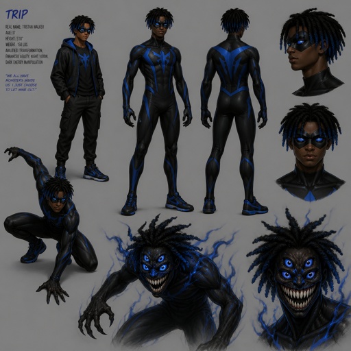 Male superhero with fear manipulation, cool costume, can transform into a terrifying humanoid sharp teeth big smile multiple pupils, mask, African American, teenager, dreads blue tips, multiple of the same character 