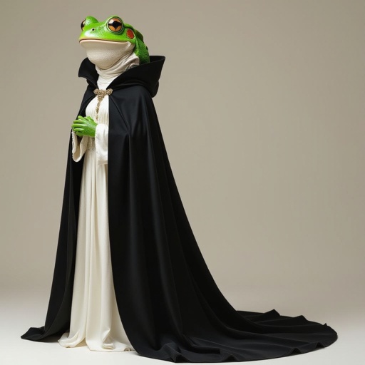 Frog head on a woman’s body. Shes wearing a black cloak and white robes underneath