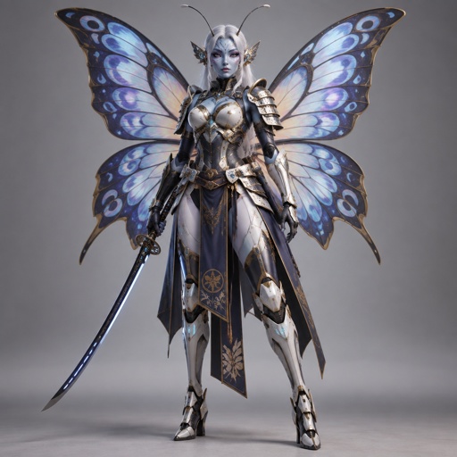 A gorgeous alien butterfly woman in a futuristic space samurai armor. Show whole body. 