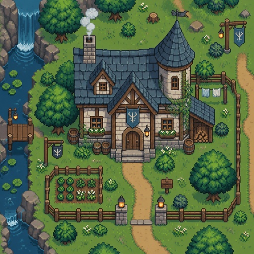 Old house, unique, for a modern fantasy game, exterior, top down style, shading and highlights