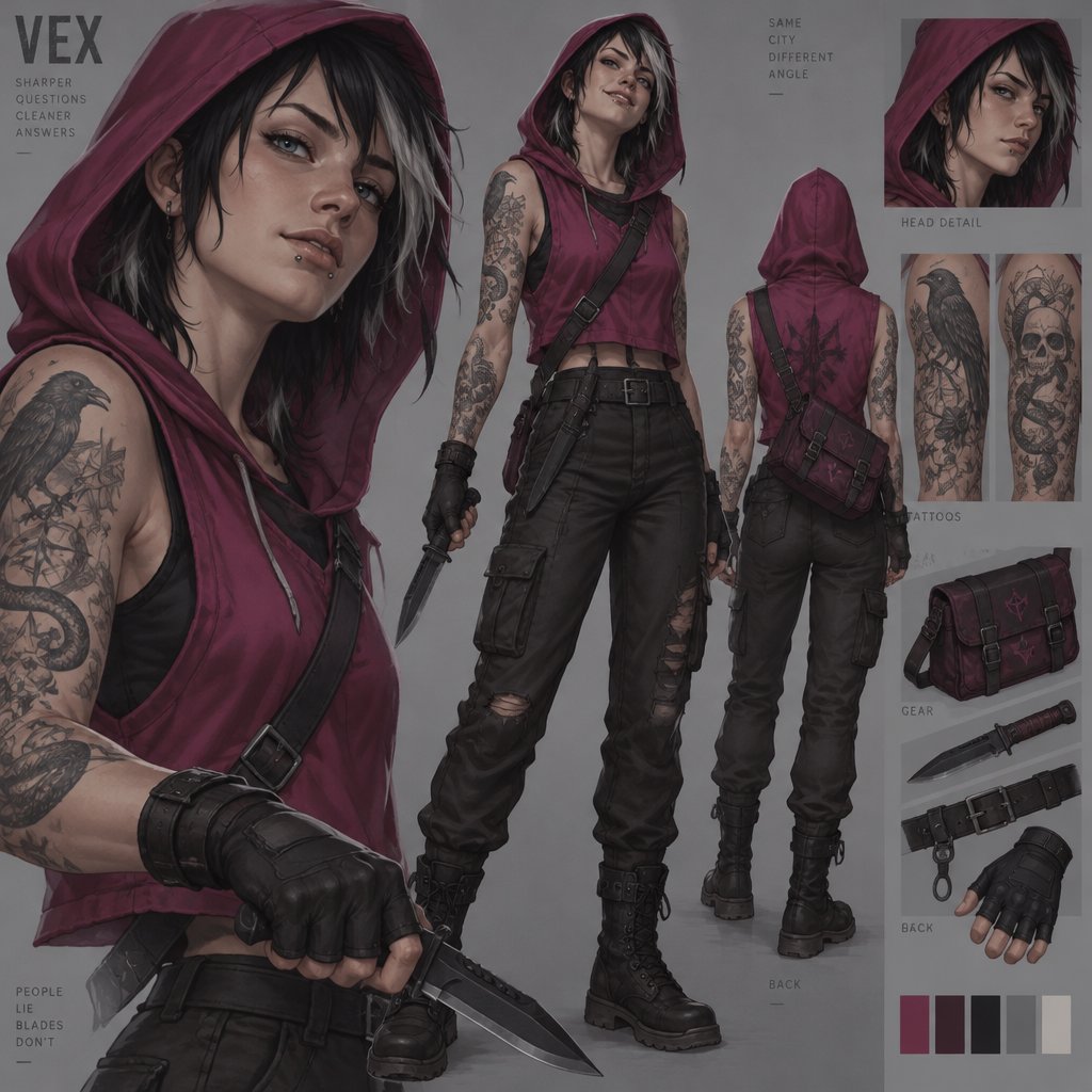 Female, black jagged hair cut, neck length, white strands, two lip piercings, blue eyes, magenta sleeveless hoodie hood up, dark magenta satchel, belt with knife attached, gloves, tattoos on both arms, holding knife, smirk