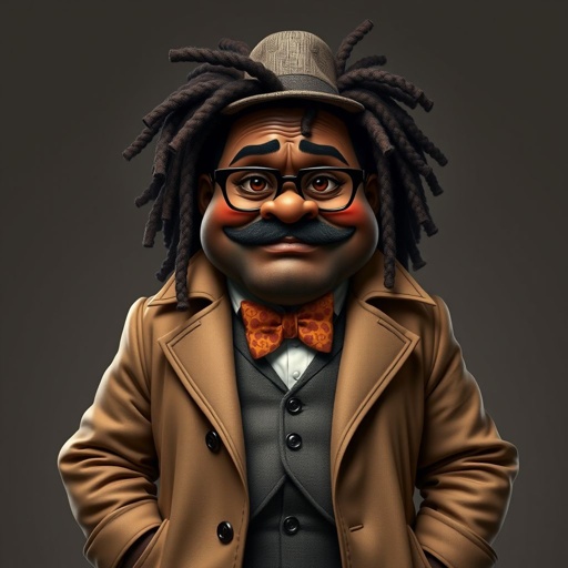 Create a funny serious fat character similar to Sherlock Holmes, but make him of black decent and with dread locks. Show his whole outfit including his shoes.