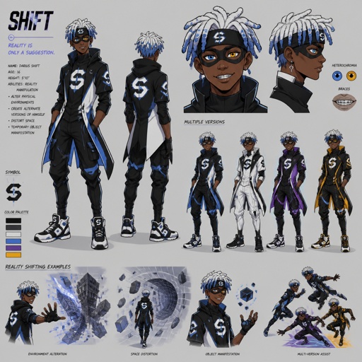 Male superhero with reality shifting, cool costume, African American, teenager, headband, mask, white dreads blue tips, heterochromia, braces, multiple of the same character 